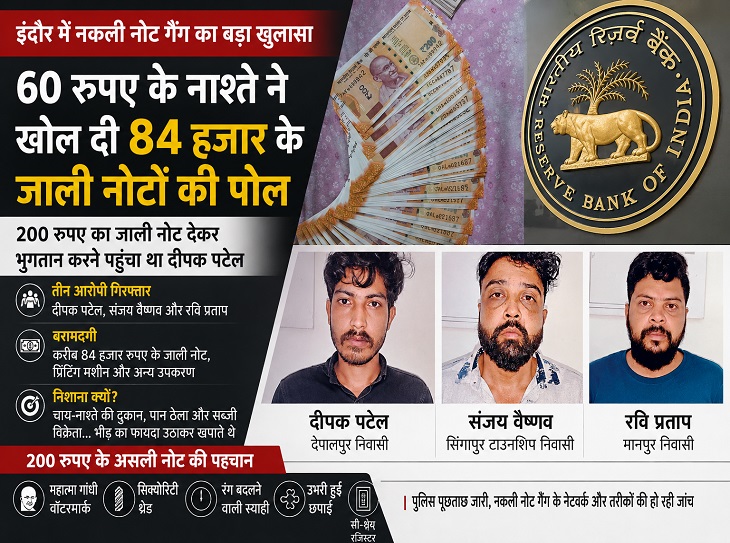 इंदौर में नकली नोट गैंग का पर्दाफाश: 60 रुपए के नाश्ते से खुला 84 हजार के फर्जी नोटों का खेल