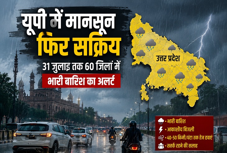 मानसून फिर सक्रिय, 31 जुलाई तक 60 जिलों में भारी बारिश का अलर्ट