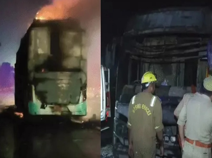यमुना एक्सप्रेसवे पर स्लीपर बस में भीषण आग, 9 यात्रियों के जिंदा जलने की सूचना