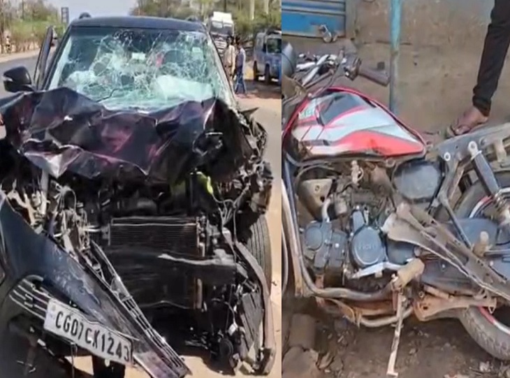 मंदिरहसौद में सड़क हादसा, क्षतिग्रस्त कार और बाइक की तस्वीर