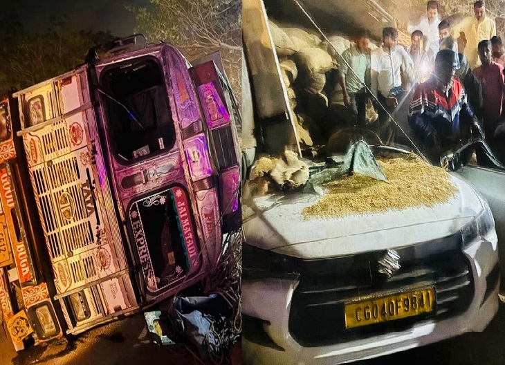 रायपुर सड़क हादसा: DPS स्कूल के पास कार पर पलटा धान से लदा ट्रक